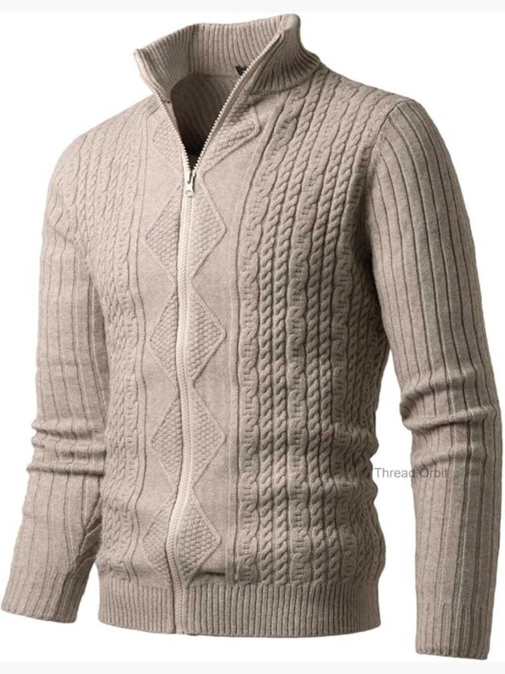 Men's Full Zip Cable Knit Cardigan Stand Collar Slim Fit